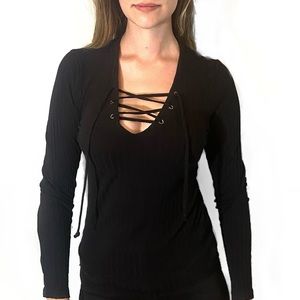 ONLY stretchy lace up V neck long sleeve pleats top all black size medium